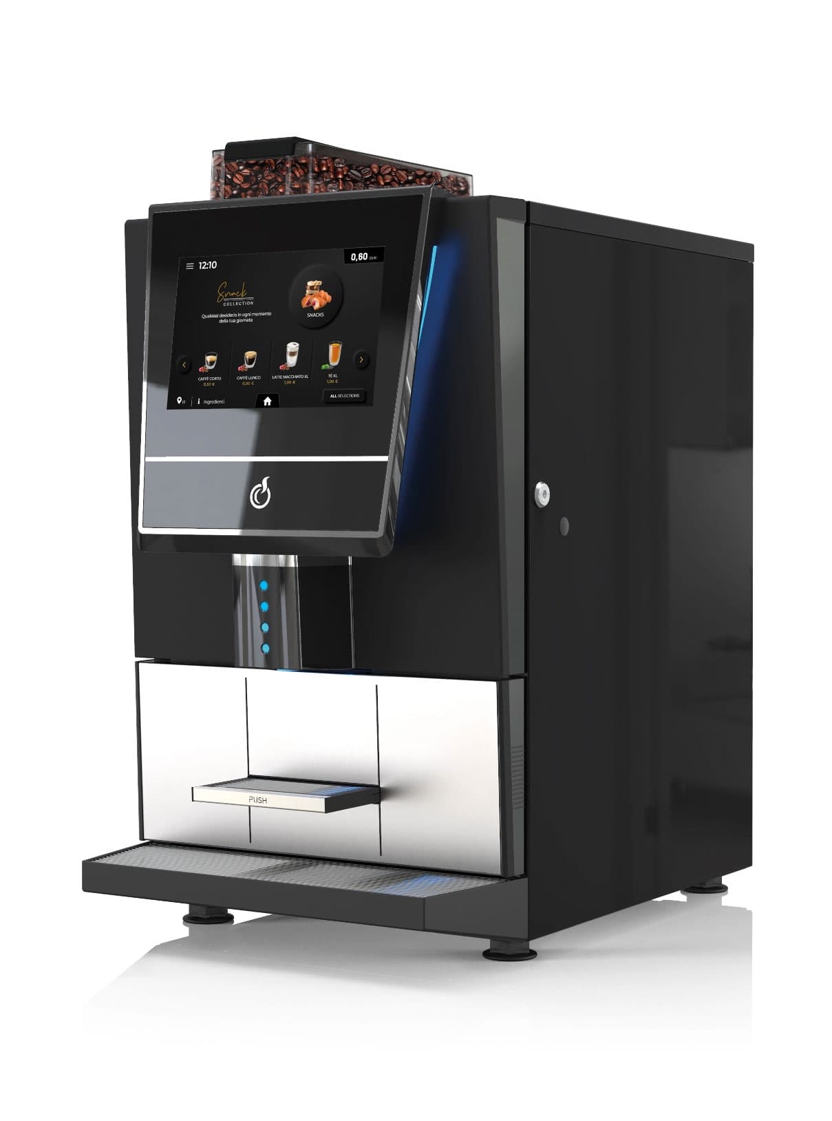 Desia espresso machine with steam wand and touchscreen interface on a corporate office coffee bar.